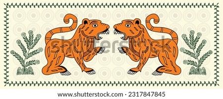 Fierce Encounter: Kalighat Art Capturing the Thrilling Battle of Roaring Tigers. Kalighat Painting, Contemporary Art, Indian Paintings, Wall Paintings, Modern Art Paintings. 