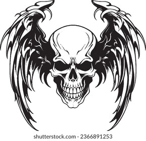 a fierce and evil skull with wings and horns