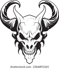 a fierce and evil skull with wings and horns