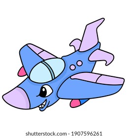 Fierce faced fighter aircraft carrying flying missiles and ready to attack, doodle draw kawaii. vector illustration art