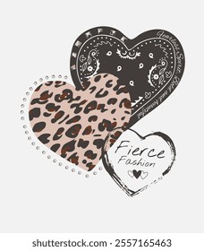 fierce fashion slogan with leopard stripe in heart shape with diamonds and rivets decorated vector illustration