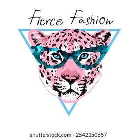 fierce fashion slogan with pink leopard in sequins sunglasses vector illustration