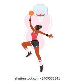 Fierce Female Basketball-Spieler Charakter steigt durch die Luft und führt einen mächtigen Slam Dunk mit Grace. Ihre sportliche Kompetenz fesselte das Gericht in einem atemberaubenden Display. Cartoon-Vektorgrafik