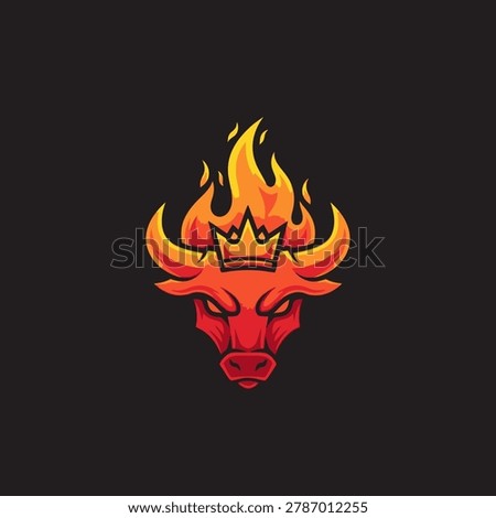 Fierce fiery bull with a crown and burning flames atop its head on black background