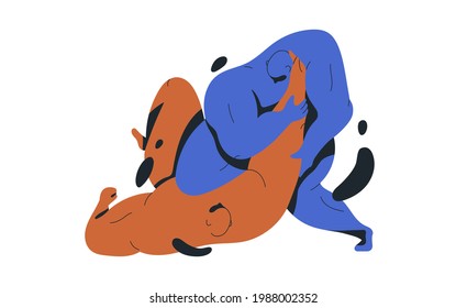 Fierce fight of two abstract fighters colored silhouettes. Rivals fighting. Concept of struggling with yourself or enemy. Battle of athletes. Flat vector illustration isolated on white background