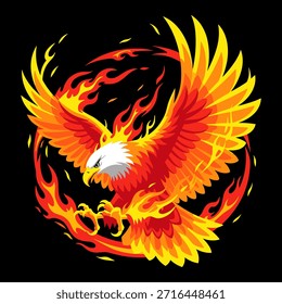 Fierce flaming eagle esport logo design, burning bird of prey illustration for team mascot.