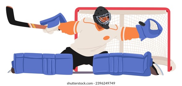 Fierce And Focused, The Hockey Goalkeeper Guards The Net With Determination. Masked And Padded, Character Skillfully Block Shots, Embodying Strength And Agility On The Ice. Cartoon Vector Illustration