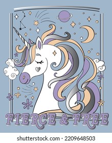 FIERCE AND FREE UNICORN GRAPHIC FOR GIRLSWEAR OR KIDSWEAR DESIGN FANTASY MAKE BELIEVE