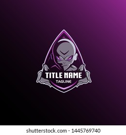 A fierce and futuristic vector mascot logo featuring a grey alien head with glowing purple eyes, set within a sharp triangular shield. The design utilizes a deep purple gradient and bold outlines, symbolizing galactic power, mystery, and advanced intelligence. This professional emblem is perfectly crafted for esports teams, gaming channels, sci-fi communities, tech brands, and streamers looking for an out-of-this-world visual identity.