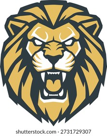 Fierce golden aggressive roaring lion face emblem for e-sports, apparel printing, and high-quality vinyl plotter cut stickers