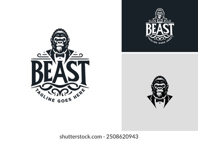 Fierce Gorilla Boss in a Suit. Male Beast Silverback wears Gentleman Tuxedo and Bow Tie vintage fashion label logo design