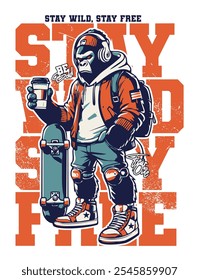 Personagem de gorila feroz segurando café e skate, vestido com roupas de rua, ideal para camisetas de estilo urbano e merch.