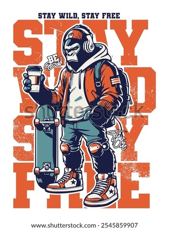 Fierce gorilla character holding coffee and skateboard, dressed in streetwear, ideal for urban-style t-shirts and merch.