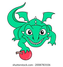 The Fierce Green Dragon Is Protecting The Apple For Its Food, Vector Illustration Art. Doodle Icon Image Kawaii.