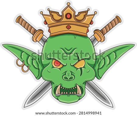 A fierce green goblin king wearing a golden crown and wielding two crossed swords, featuring sharp teeth and red eyes.