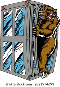 Fierce grizzly bear breaking through a vintage telephone booth. Retro comic book style vector illustration.