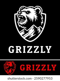 A fierce grizzly bear logo featuring a roaring bear head inside a shield with mountain elements