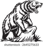 A fierce grizzly bear roars aggressively, standing with one paw on a rock. This powerful black and white vector illustration captures its anger with bared fangs and sharp claws
