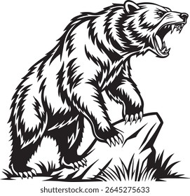 A fierce grizzly bear roars aggressively, standing with one paw on a rock. This powerful black and white vector illustration captures its anger with bared fangs and sharp claws