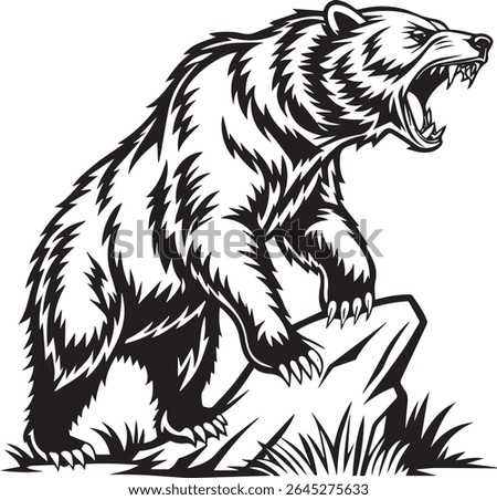 A fierce grizzly bear roars aggressively, standing with one paw on a rock. This powerful black and white vector illustration captures its anger with bared fangs and sharp claws