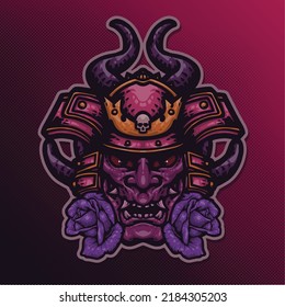 Fierce Hanya Devil Mask with Samurai Helmet and Rose Flower Vector Mascot Logo Illustration