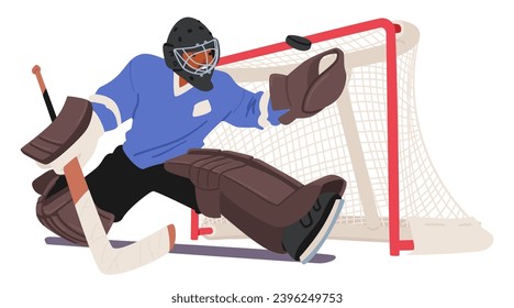 Fierce Hockey Goalkeeper, Adorned In Colorful Gear, Catching the Puck, Character Guards The Net With Unwavering Focus, Anticipating Every Move with Skill On The Ice. Cartoon People Vector Illustration