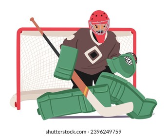 Fierce Hockey Goalkeeper Guards The Net With Determination, Clad In Intimidating Gear. Masked And Focused, Character Await The Next Puck, Ready To Defend Their Team. Cartoon People Vector Illustration