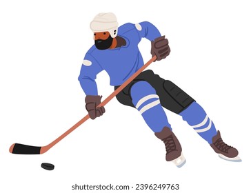 Fierce Hockey Player Charakter, Clad in Full Gear Glides über das Eis, kleben in der Hand, bestimmt und fokussiert, die Puck mit Geschick und Entschlossenheit. Vektorgrafik von Cartoon People