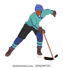 Fierce Hockey-Player im Getriebe, Gliding auf dem Eis mit Entschlossenheit, in der Hand, Augen fixiert auf dem Puck. Athlete Charakter, der den Geist des Spiels verkörpert. Vektorgrafik von Cartoon People