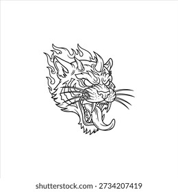 Fierce Horned Tiger Head with Roaring Flames Vector Illustration.