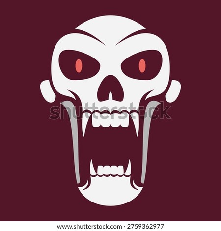 A fierce and imposing illustration of a primate or beast skull. Featuring powerful, long canine teeth and menacing, glowing red eyes, this design radiates danger, strength, and raw aggression