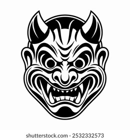 Eine erbitterte und einschüchternde japanische Oni-Maske, die perfekt ist, um Ihren Designs einen Hauch von Mystik und Power zu verleihen. Diese detaillierte Illustration zeigt scharfe Hörner, ein bedrohliches Grinsen.