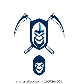 A fierce and intimidating vector mascot logo featuring a hooded Grim Reaper. The design showcases a grinning skull set within a dark blue cowl, positioned in front of two crossed scythes that form a protective shield-like composition. With a sharp navy blue and white color palette, this professional emblem is perfect for esports teams, gaming avatars, horror-themed branding, and edgy streetwear apparel.