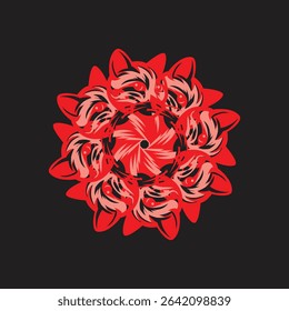 A fierce and intricate abstract circular design featuring stylized red fox or cat-like faces and flame elements in a swirling radial pattern on a dark background