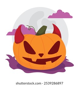 Fierce jack-o -lantern pumpkin with devil horns and full moon background, Vector illustration