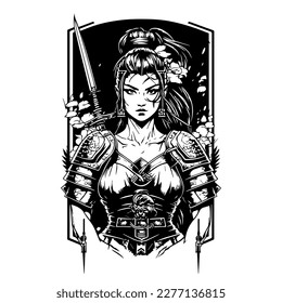 A fierce Japanese samurai girl illustrated in Hand drawn line art, showcasing her upper body with intricate details and bold strokes