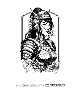 A fierce Japanese samurai girl illustrated in Hand drawn line art, showcasing her upper body with intricate details and bold strokes