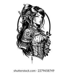 A fierce Japanese samurai girl illustrated in Hand drawn line art, showcasing her upper body with intricate details and bold strokes