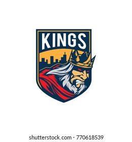 Fierce king wearing crown vector logo mascot concept.
