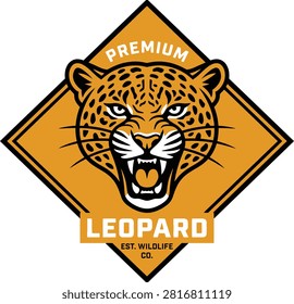 Fierce leopard logo with bold features on an orange background, symbolizing wildlife conservation