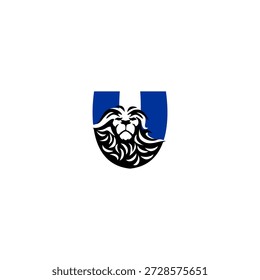 Cabeza de león feroz con melena dinámica que forma la letra U del alfabeto. Perfecto para Equipos deportivos, marcas de juegos e identidades de logotipos agresivos.