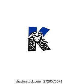 Cabeza de león feroz con melena dinámica que forma la letra K del alfabeto. Perfecto para Equipos deportivos, marcas de juegos e identidades de logotipos agresivos.