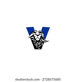 Cabeza de león feroz con melena dinámica que forma la letra V del alfabeto. Perfecto para Equipos deportivos, marcas de juegos e identidades de logotipos agresivos.