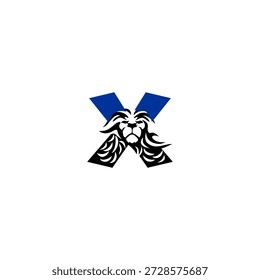 Cabeza de león feroz con melena dinámica que forma la letra X del alfabeto. Perfecto para Equipos deportivos, marcas de juegos e identidades de logotipos agresivos.
