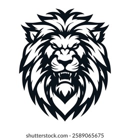 Fierce Lion Head Mascot Logo - Black and White Tribal Style Vector Illustration for Sports Teams, Gaming, and Business Branding