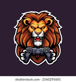 Fierce Lion Holding a Game Controller E-sport Logo. Mascot, E-sport Logo Vector Illustration.