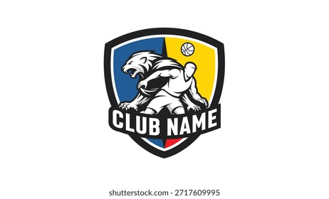 Um mascote feroz de leão em uma pose dinâmica, representando um clube esportivo, com um emblema de escudo e uma bola.