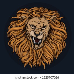 The fierce lion roars. The lion's thick Golden mane flutters in a circle. Logo or print for t-shirt