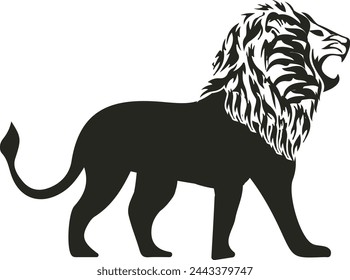 A fierce lion vector, mane flowing, poised to strike, exuding regal power with every pixel. Its eyes glint with intensity, commanding attention amidst the wilderness, a symbol of strength and majesty.