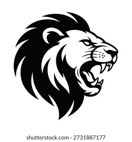 A fierce lion's head in a stylized black and white graphic, roaring with bared teeth and a flowing mane.